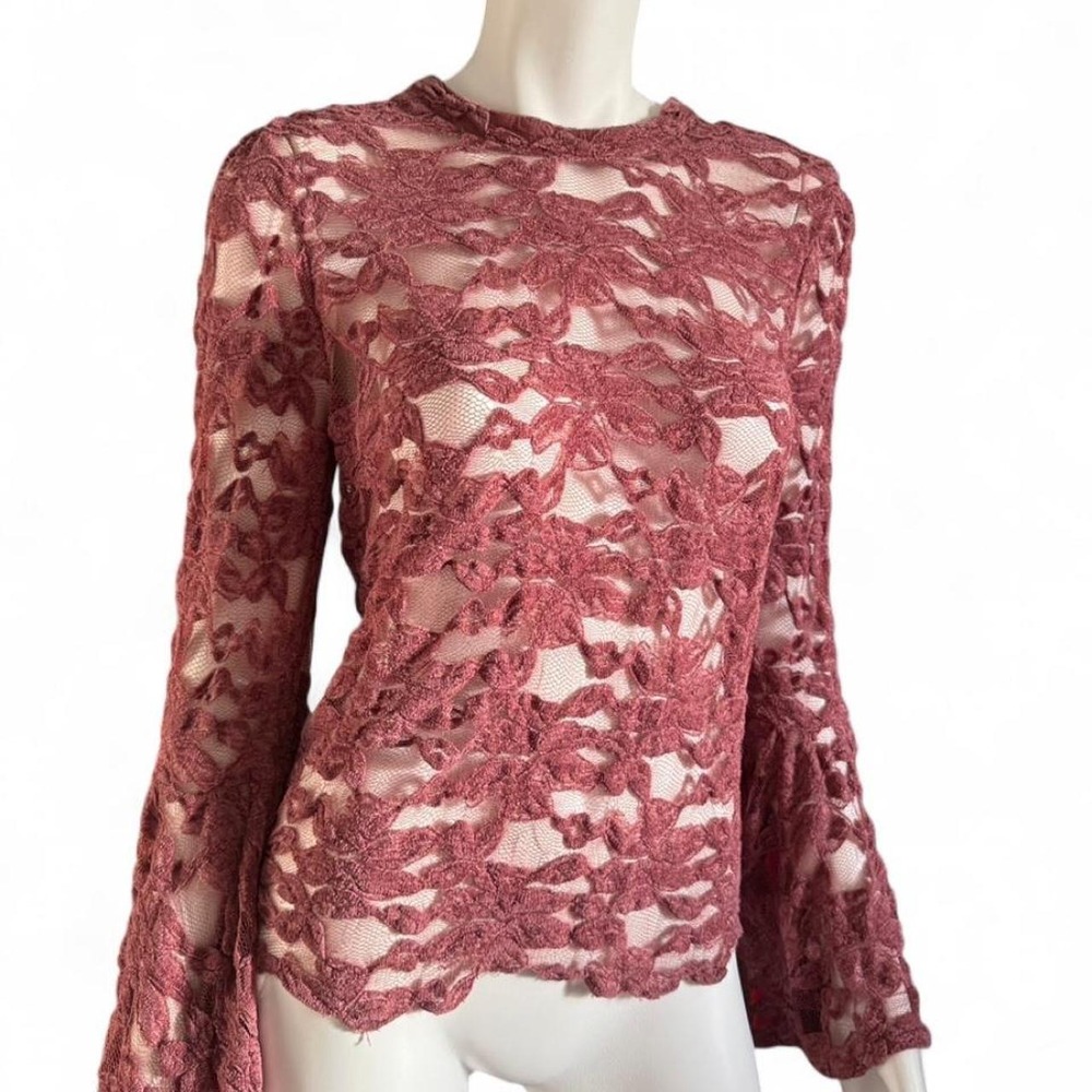 Akemi + Kin Anthropologie Floral Lace Bell Sleeve Mock Neck Top Boho Resort